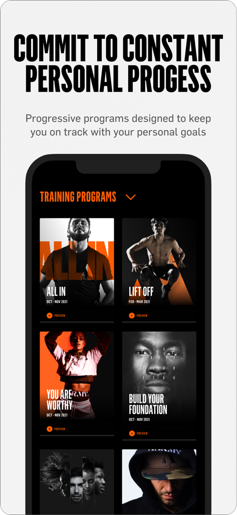 AARMY - AARMY app interface displaying various athlete training programs like All In and Lift Off