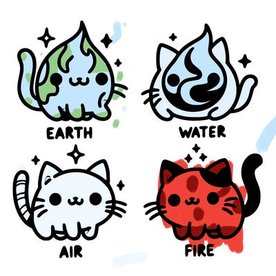 4 cats that represent the different elements, earth, water, air, and fire