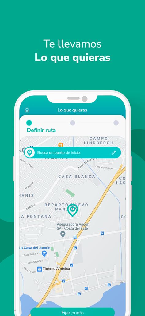 ASAP mobile app interface showing a map for defining a delivery route in Panama City