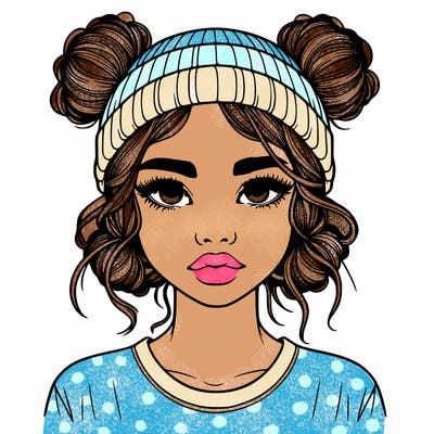 realistic girl with buns in her hair with a beanie on