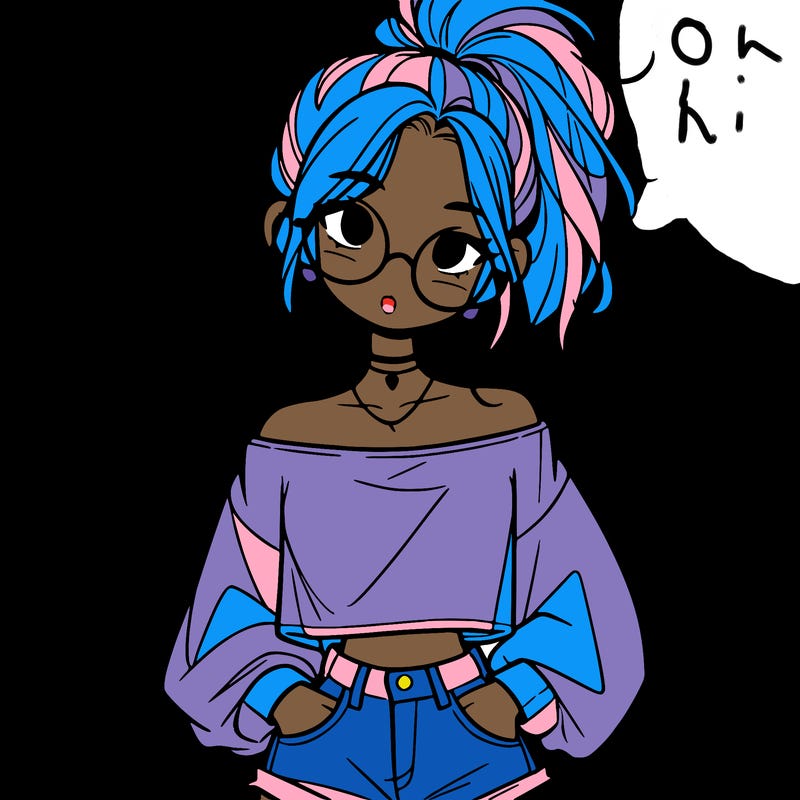 girl with a messy ponytail glasses a baggy crop top and jean shorts