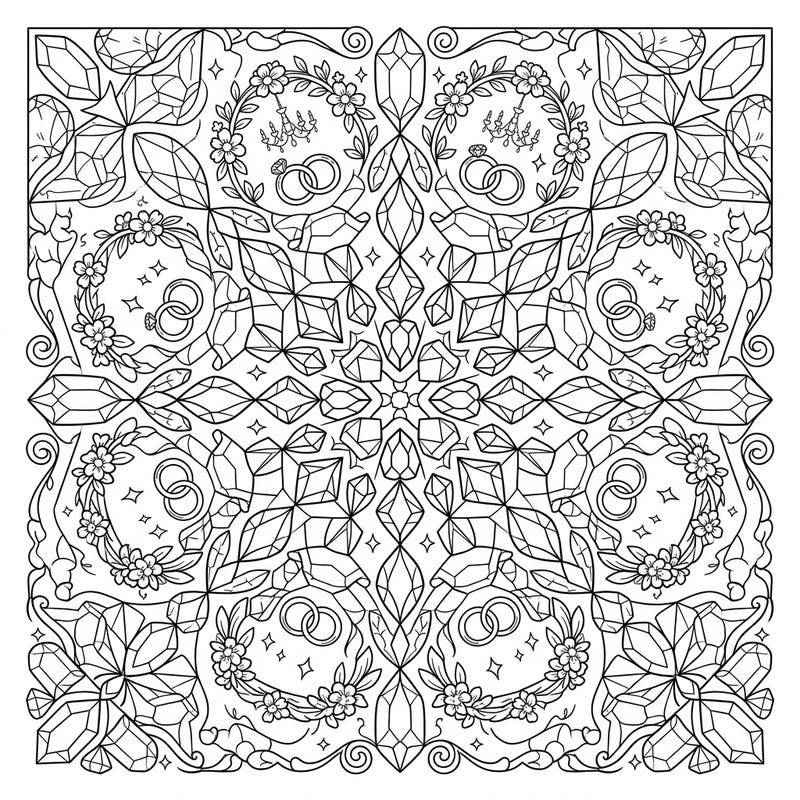 Step into a world of sparkling elegance with this stunning wedding-themed kaleidoscope coloring page. Featuring intricate gems, delicate floral arches, and intertwined wedding rings, it offers a relaxing and beautiful escape.