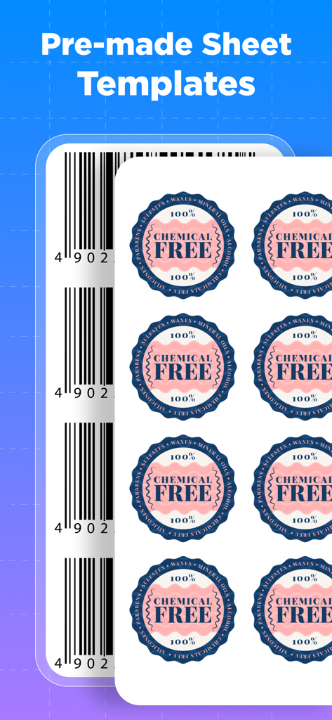 Modèles de feuilles d'étiquettes pré-faits avec codes-barres et autocollants de produits sans produits chimiques