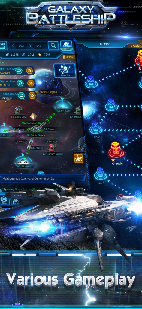 Gameplay screen of Galaxy Battleship Conquer showing a star map and a detailed 3D spaceship.