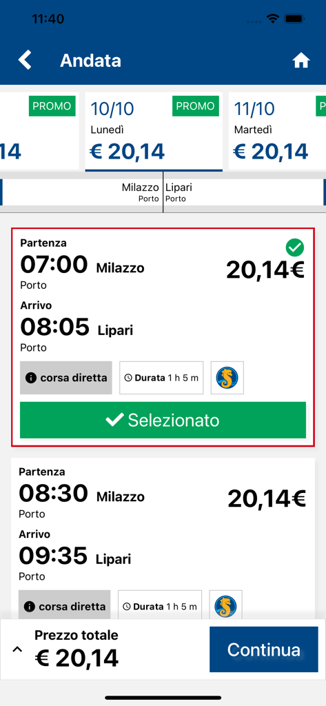 Pantalla de selección de reserva de ferry de la aplicación móvil Liberty Lines de Milazzo a Lipari con horarios y precios