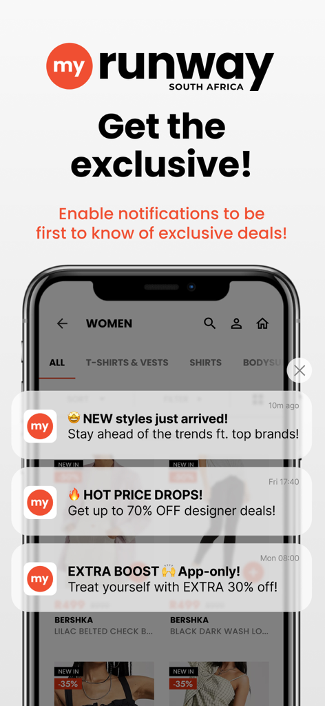MyRunway SA Fashion Shopping - Smartphone screen showing MyRunway app push notifications for exclusive designer deals and hot price drops