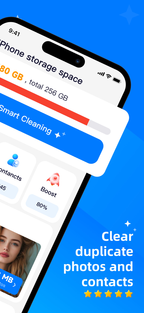 Interface of the Clean Now app showing phone storage status and smart cleaning options for photos and contacts