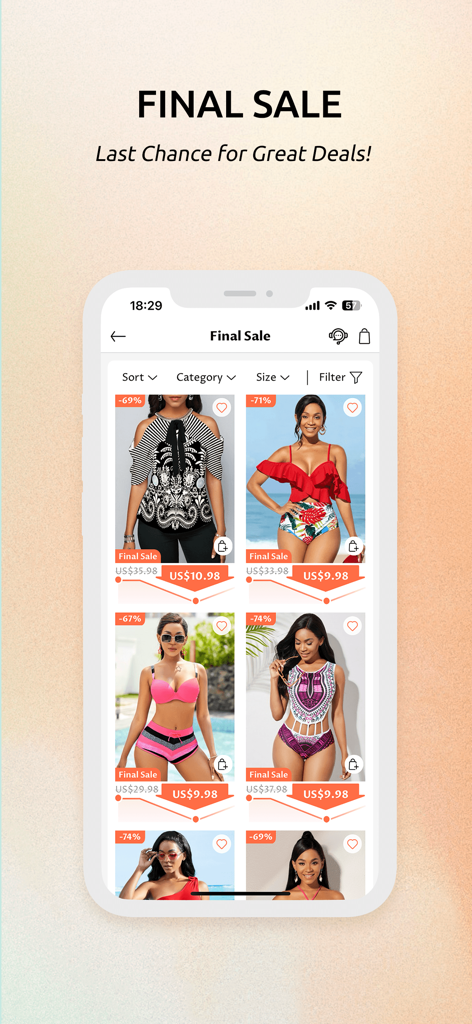 Rosewe app interface displaying deep discounts on women fashion and swimwear during a final sale event