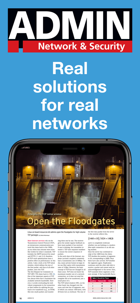 ADMIN Magazine - ADMIN Magazine app displaying a technical article about network security and TCP optimization on a smartphone.