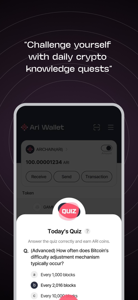 Ari Wallet - Ari Wallet app screenshot showing a daily crypto knowledge quiz interface