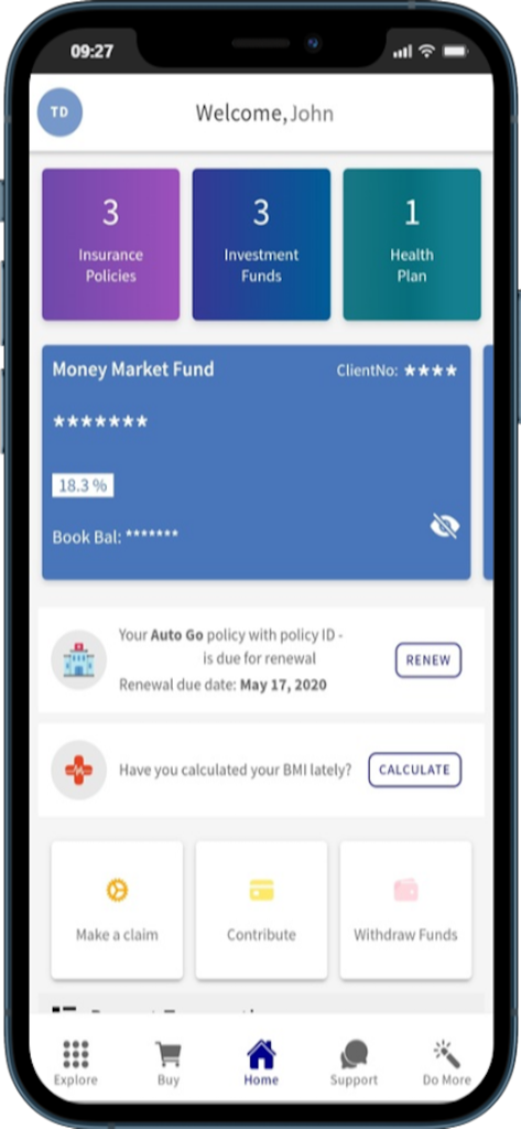Dashboard dell'app MyAXA Plus che mostra polizze assicurative, fondi di investimento e dettagli del piano sanitario.