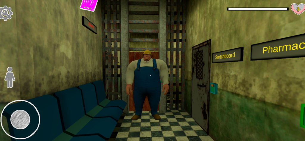 Grandpa and Granny 3: Hospital - A large muscular character in blue overalls and a yellow hat standing in a dark hospital hallway with signs for Pharmacy and Switchboard