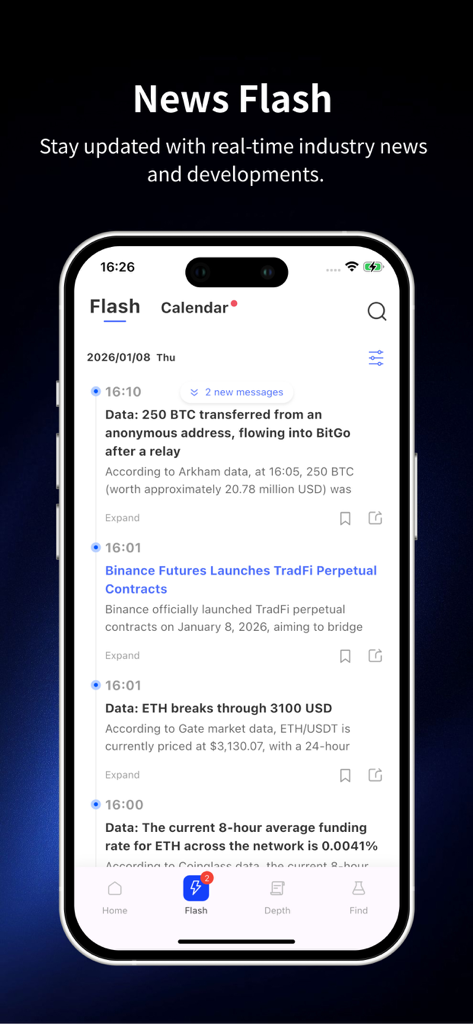 ChainCatcher app interface showing the News Flash section with a timeline of real-time blockchain and cryptocurrency news updates