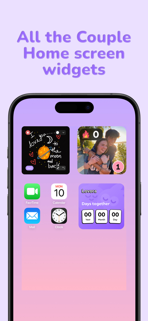Tela inicial do iPhone mostrando widgets de casais Lovora incluindo um contador de relacionamento e uma nota de amor privada
