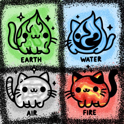 4 cats that represent the different elements, earth, water, air, and fire