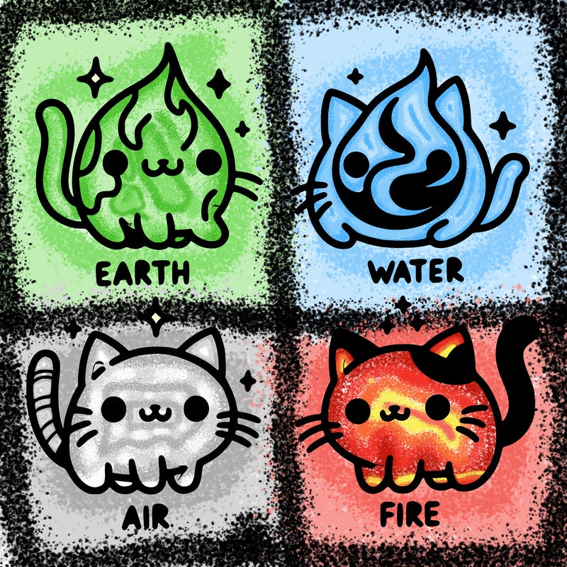 4 cats that represent the different elements, earth, water, air, and fire