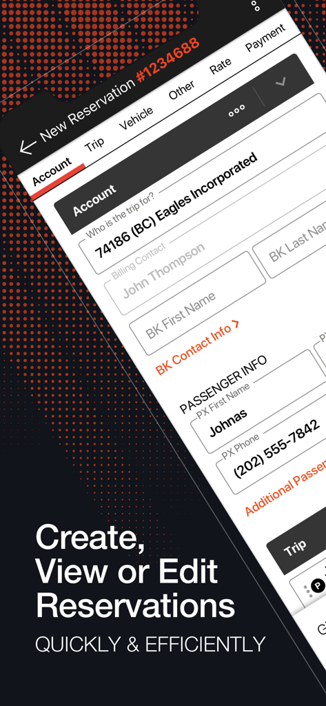 Limo Anywhere Mobile - Limo Anywhere Mobile app interface showing a new reservation screen with passenger and billing details