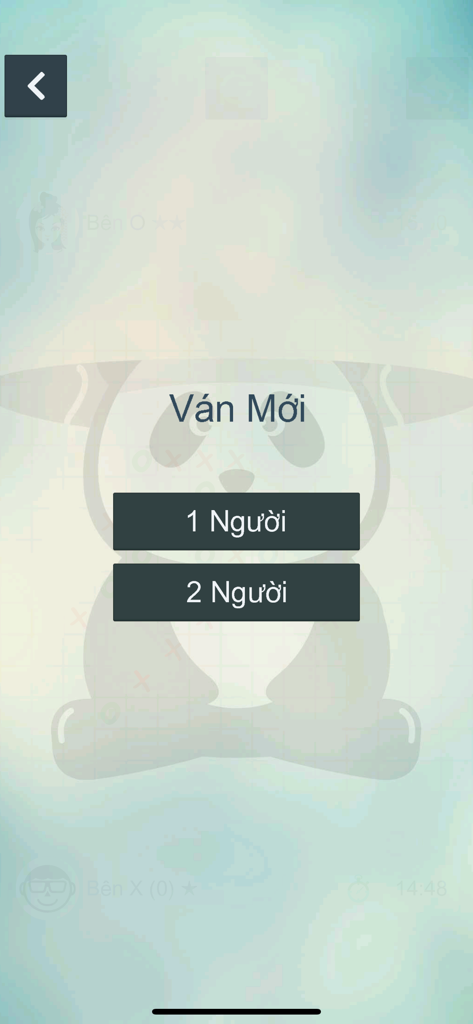Main menu of the Caro app showing 1 player and 2 player game mode options