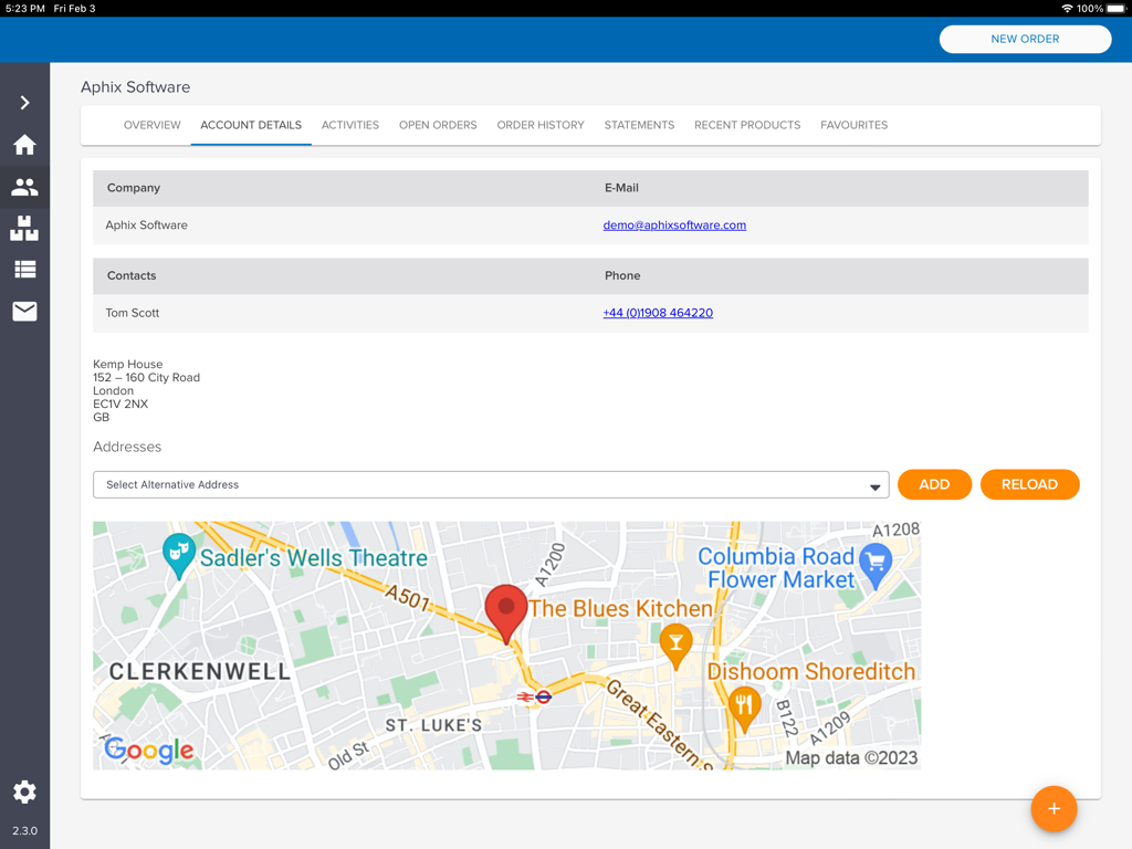 SalesRep by Aphix - Account details screen in SalesRep by Aphix showing customer information and location map.