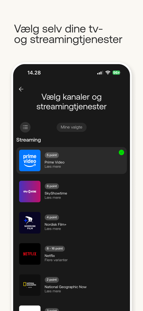 YouSee Play - Interface of the YouSee Play app showing a list of streaming services like Netflix and Prime Video to choose from.