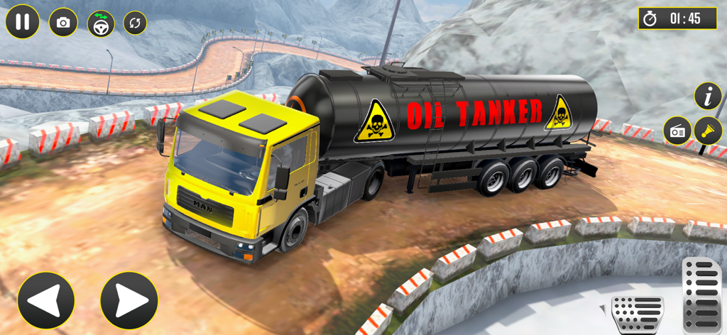 Yellow semi truck hauling an oil tanker on a winding mountain trail in a 3D driving simulator