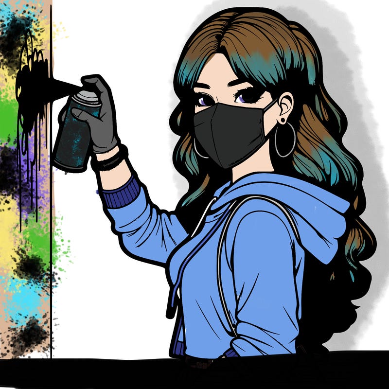 realistic girl with mask spray painting a wall