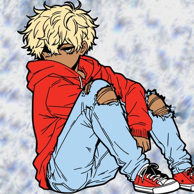 a male hoddie ripped jeans messy hair anime