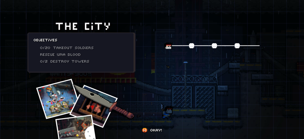Mission objectives screen for the City level in Gunslugs Rogue Tactics showing tasks and progress.