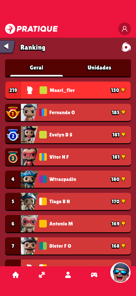 Écran du classement dans l'application Pratique Fitness montrant les classements des utilisateurs et les points avec des avatars personnalisés.