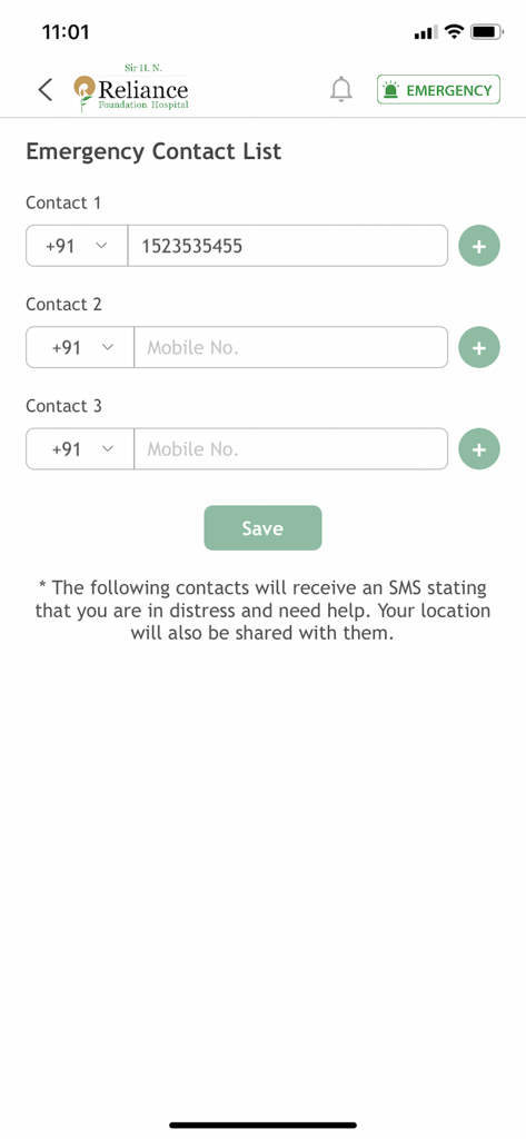 Reliance Foundation Hospital - Emergency contact list configuration screen in the Reliance Foundation Hospital app