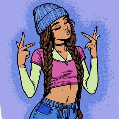 realistic teenage girl with braids and a beanie and crop top doing 🫶🏼