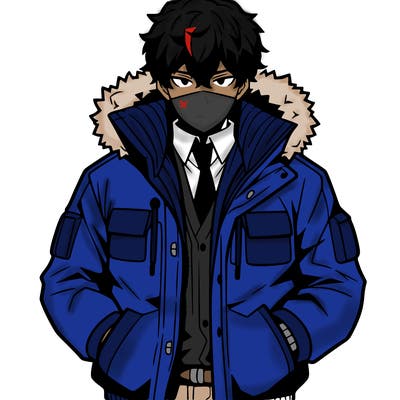 anime male, with big jacket, hands in his pockets