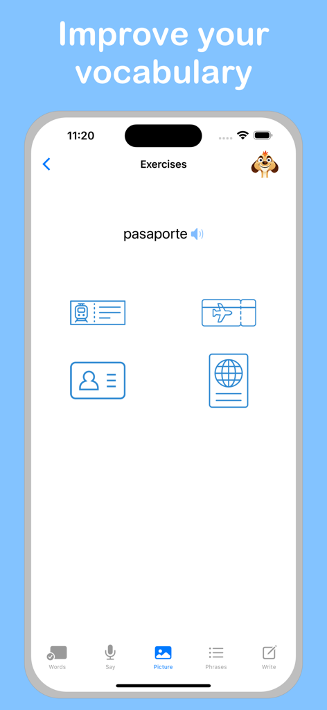 Learn Spanish + © - Vocabulary matching exercise in the Learn Spanish plus app showing travel icons