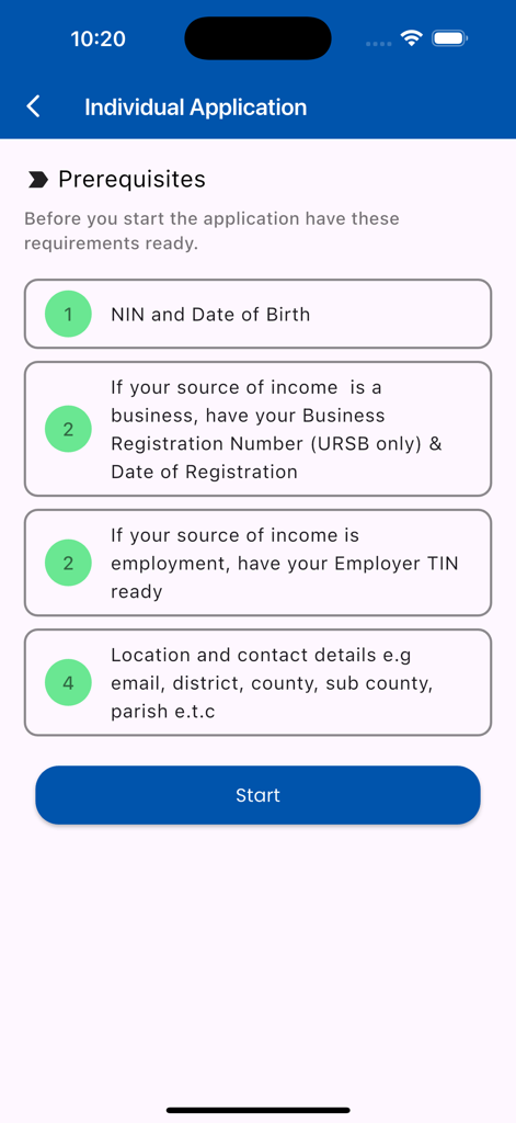 AskUra - Screen from the AskUra app listing prerequisites for an individual tax application including NIN and business details.
