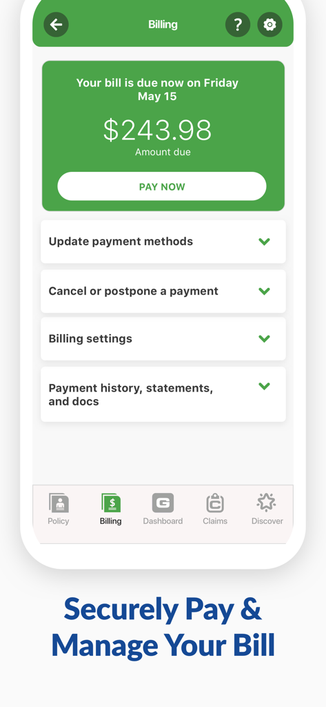 GEICO Mobile - Car Insurance - GEICO Mobile app billing interface showing total amount due and secure payment options
