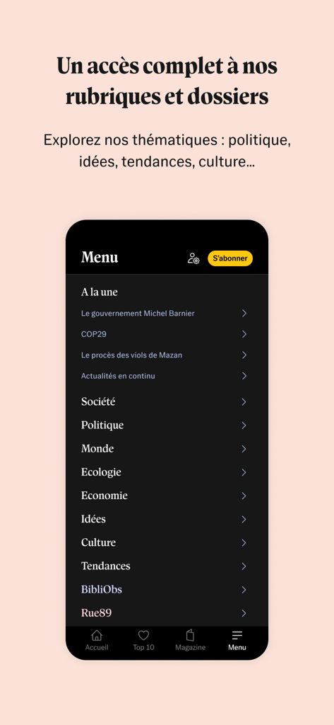 Un écran de smartphone affichant le menu des catégories de l'application d'actualités Le Nouvel Obs, avec des sections telles que politique, monde et culture.