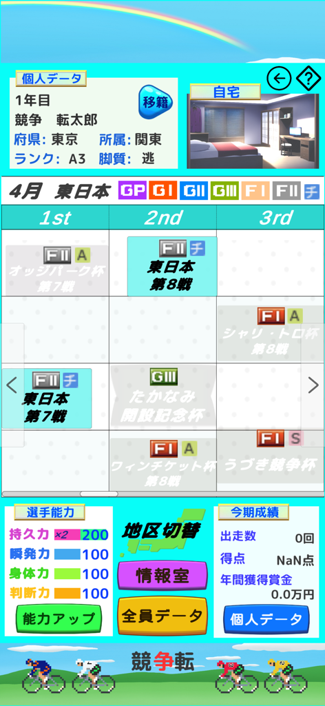 競争転ピストレーサ - Kyoten Piston Tracerアプリのダッシュボードビュー。プレイヤーの統計とレーススケジュールが表示されています。