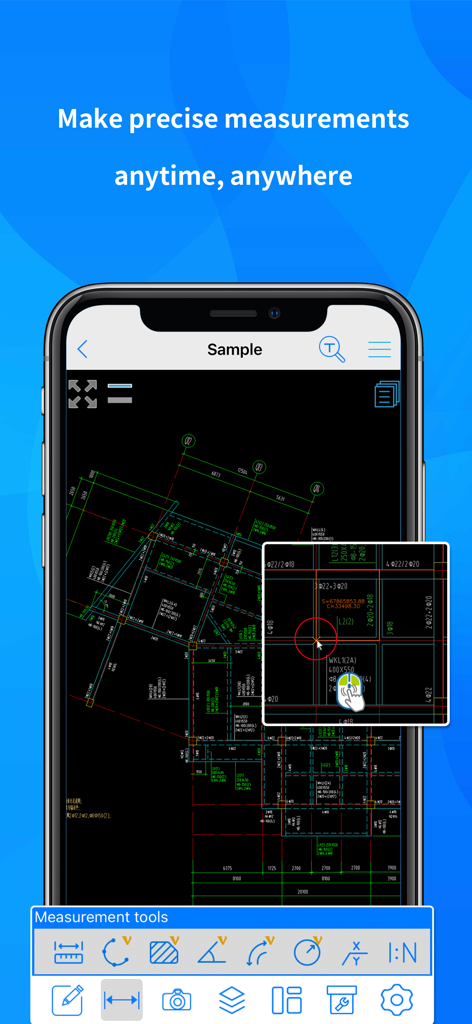 CAD Readerモバイルアプリのインターフェースが、スマートフォン上で精密測定ツールと技術的な図面を表示している様子