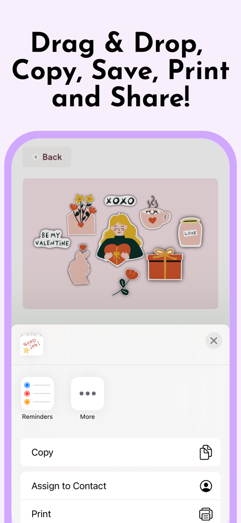 Structured Digital Planner - Ein Bildschirm aus der DigiPlan-App, der ästhetische digitale Sticker und Optionen zum Kopieren, Drucken und Teilen anzeigt.