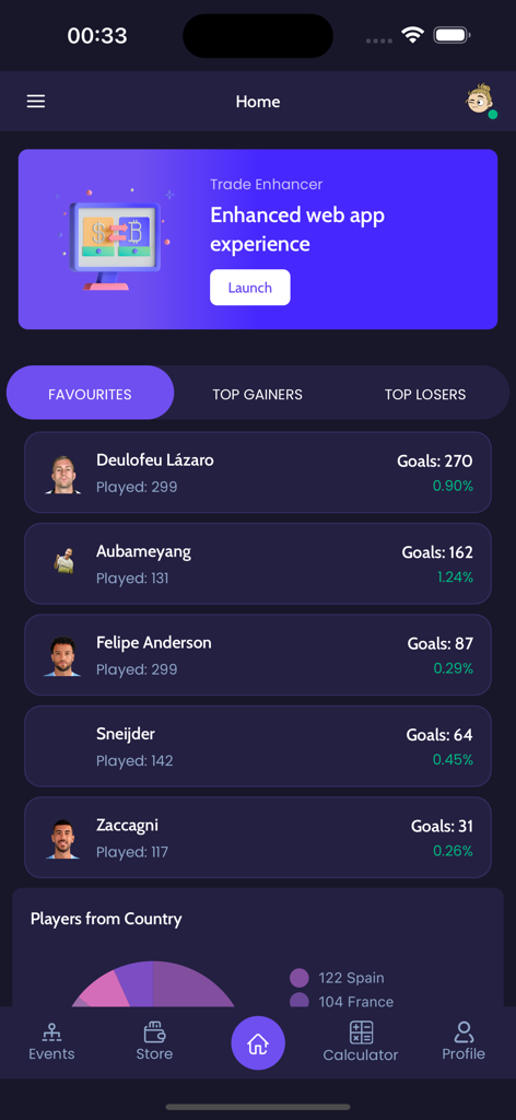 Interface of the FC Enhancer app showing favorite player stats and trade enhancement features