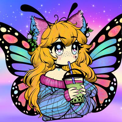 a realistic butterfly/furry girl drinking boba