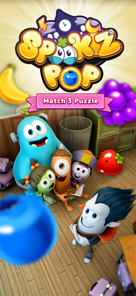 SPOOKIZ POP Match 3 Puzzle logo and monster characters with floating fruits