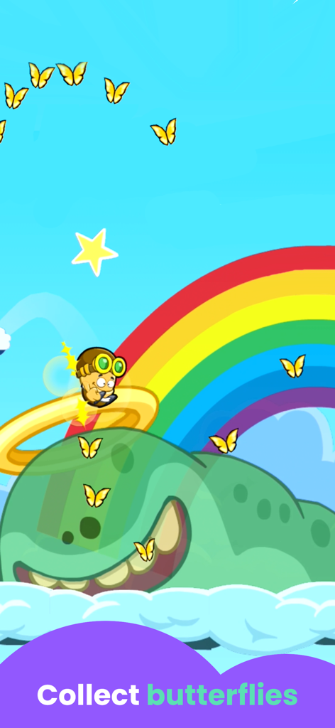 Un personaje de dibujos animados saltando sobre nubes hacia una ballena verde gigante para recoger mariposas con un arcoíris de fondo