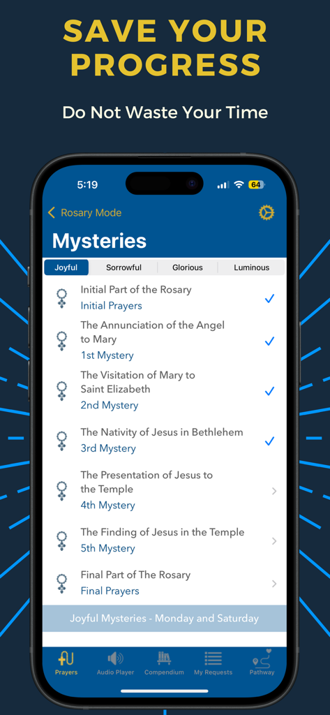 My Rosary (Audio) - My Rosary 앱 인터페이스, 완료된 섹션에 체크 표시가 있는 매일 기도 신비의 진행 상황 표시