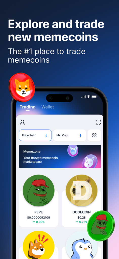 Blockchain.com: Buy Bitcoin - 페페 및 도지코인과 같은 밈코인 거래를 위한 Memezone을 보여주는 Blockchain.com 앱 인터페이스