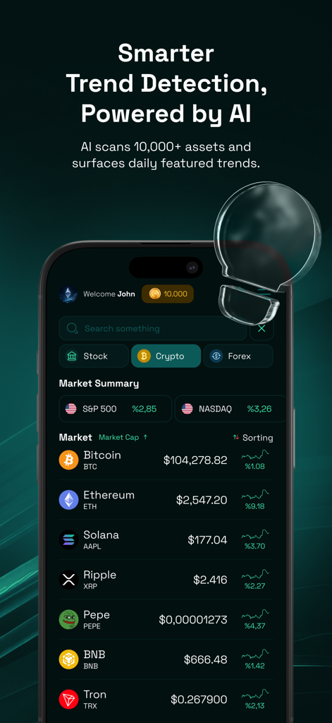 Trend AI: Protect Money & Grow - Interfaz de la aplicación Trend AI mostrando tendencias de mercado para Bitcoin y otras criptomonedas