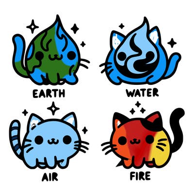 4 cats that represent the different elements, earth, water, air, and fire