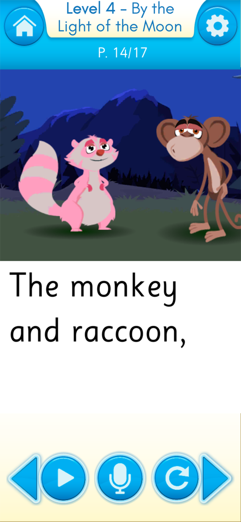 A digital storybook page from the Helen Doron Read app featuring a monkey and a raccoon with early literacy text