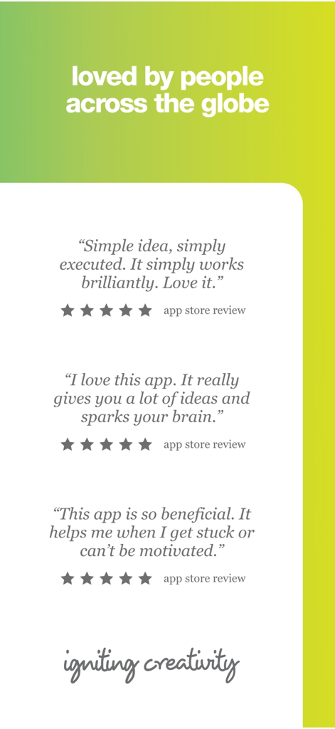 Brainsparker Creativity Coach - Three 5-star user reviews and testimonials for Brainsparker Creativity Coach on a green background.