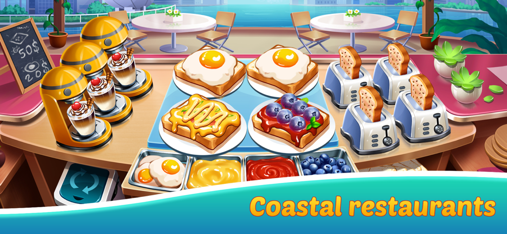 Cooking Seaside: Beach food - Breakfast station in a coastal restaurant featuring toast and coffee